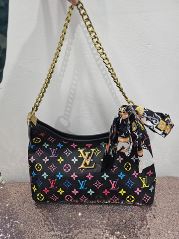 Elegant Louis Style White & Pink Floral Handbag with Gold Chain