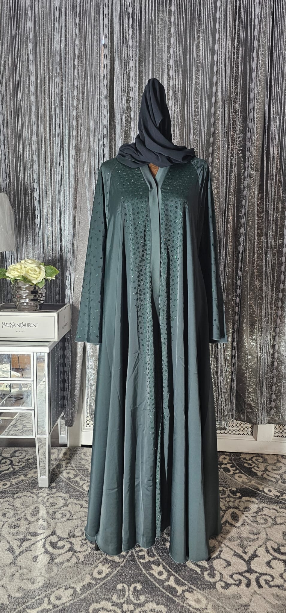 Luxury Gold-Embroidered Open Abaya Set for Women