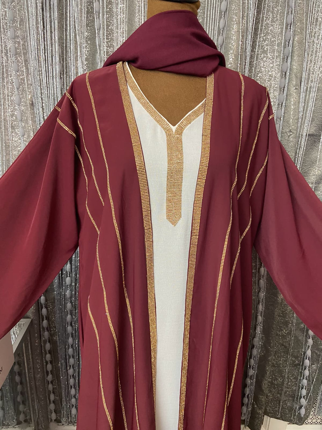 Luxury Gold-Embroidered Open Abaya Set for Women