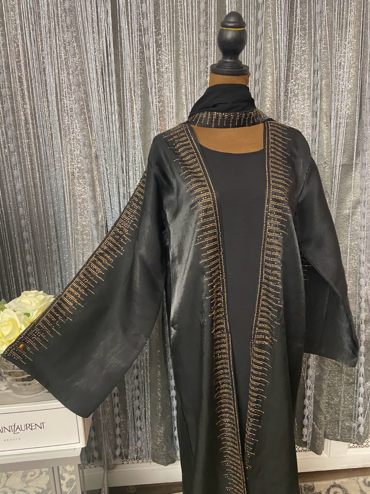 uxury Black Silk Abaya with Gold Embroidered Detailing