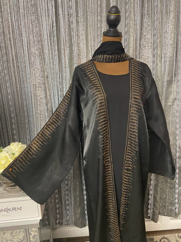 uxury Black Silk Abaya with Gold Embroidered Detailing