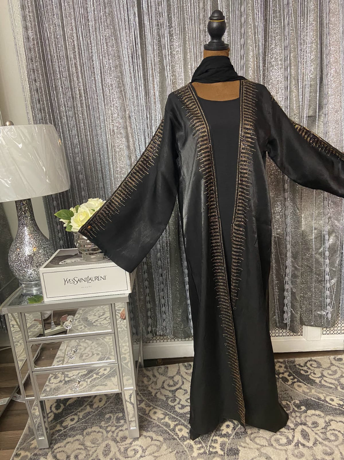 uxury Black Silk Abaya with Gold Embroidered Detailing