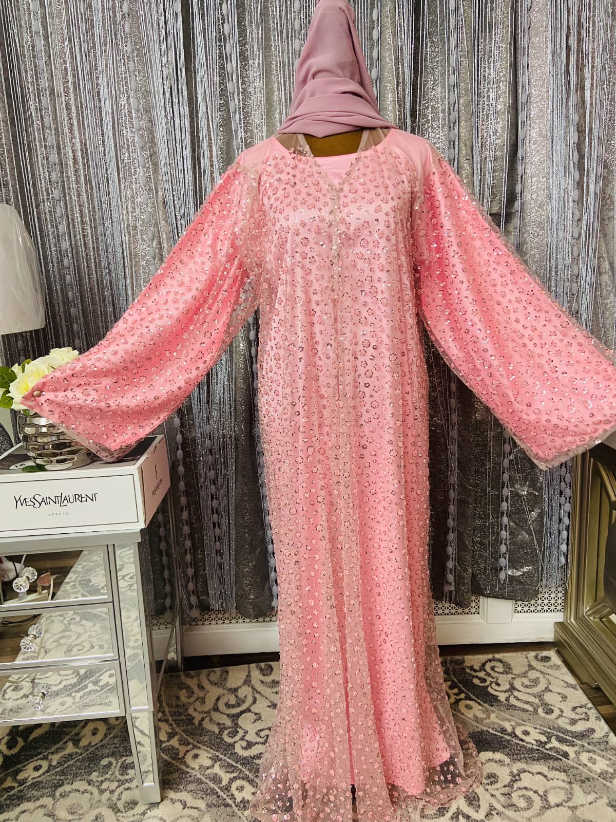 uxury Pink Crystal-Embellished Net Abaya with Inner Slip Dress