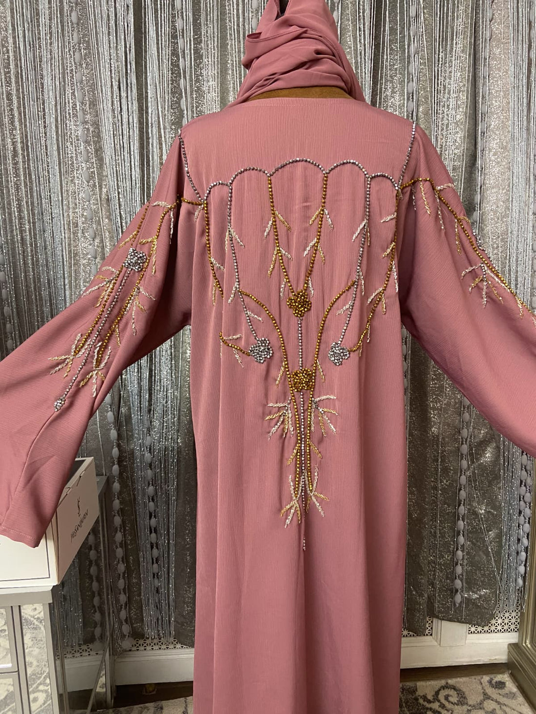 Dusty Rose Beaded Abaya with Intricate Hand Embroidery