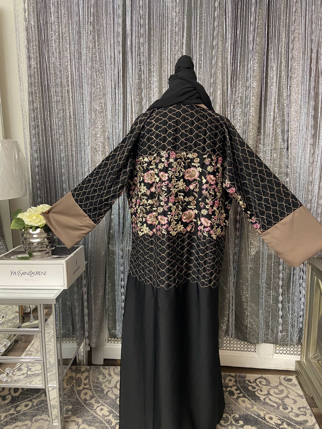 Black & Mocha Embroidered Jacquard Abaya with Floral Detailing