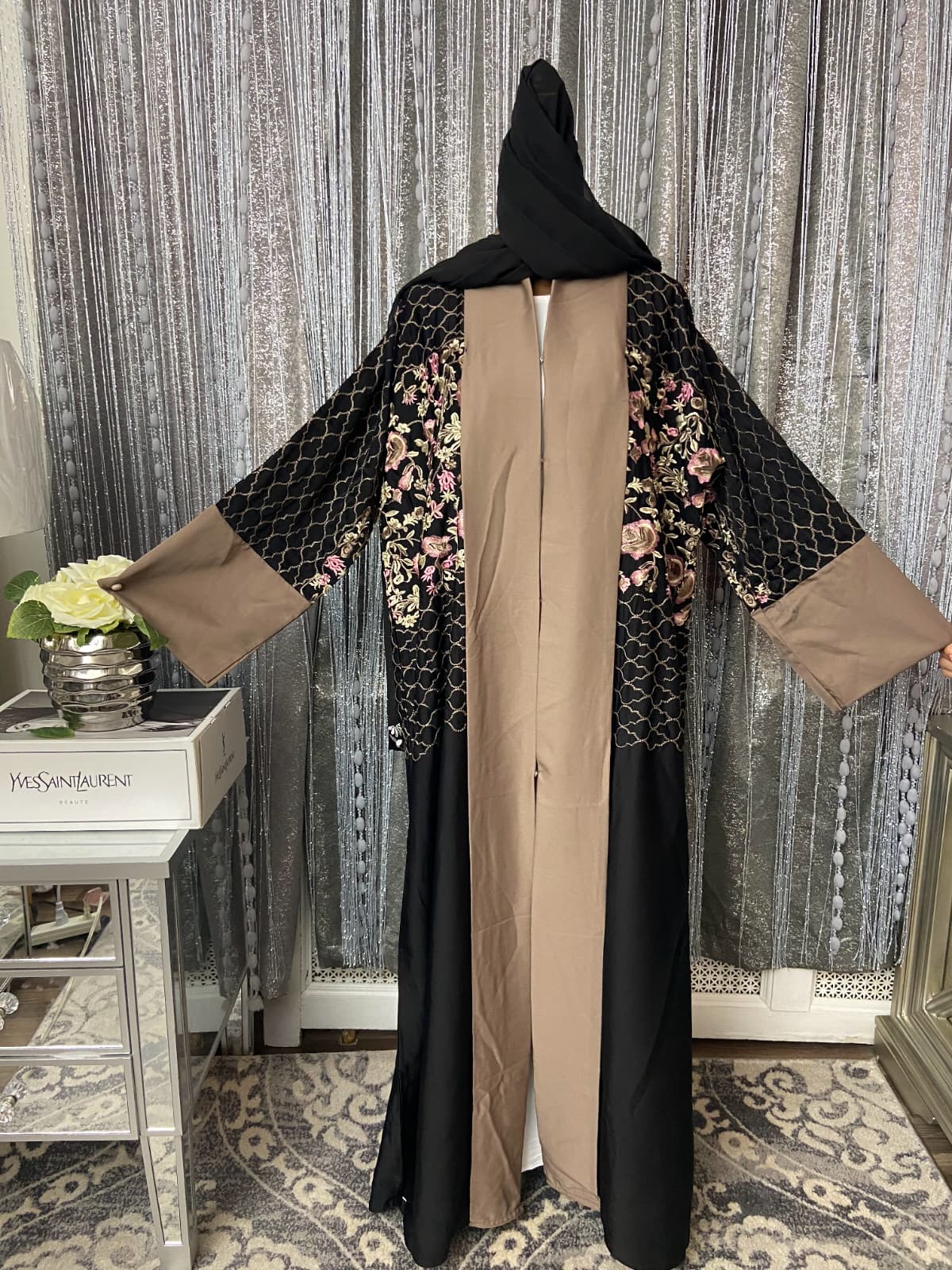 Black & Mocha Embroidered Jacquard Abaya with Floral Detailing