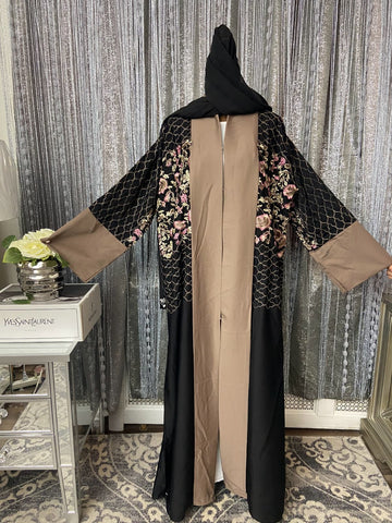 Black & Mocha Embroidered Jacquard Abaya with Floral Detailing