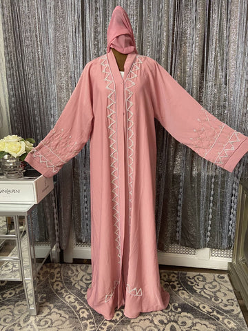 Blush Pink Hooded Abaya with Silver Geometric Embroidery