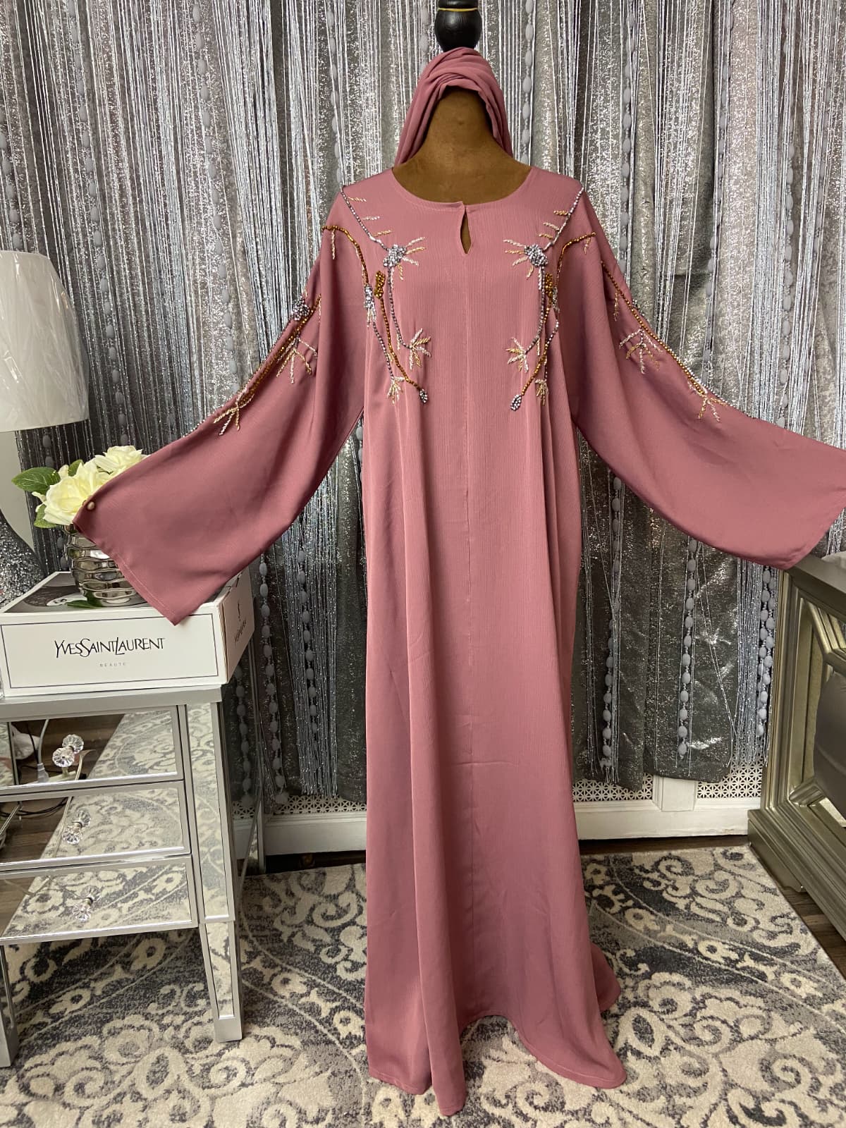 Dusty Rose Beaded Abaya with Intricate Hand Embroidery
