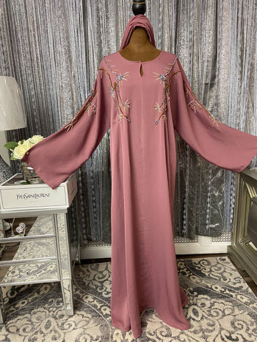 Dusty Rose Beaded Abaya with Intricate Hand Embroidery