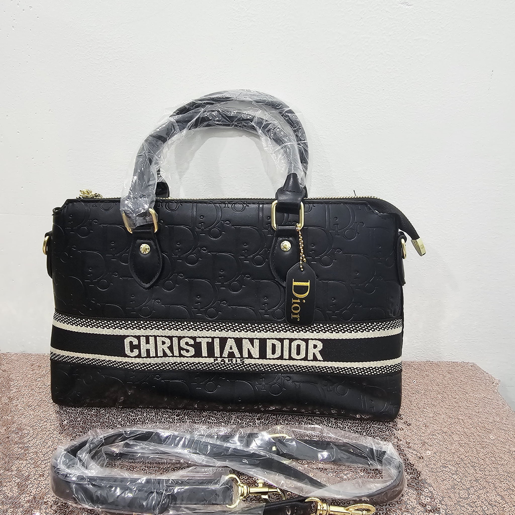 Classic Designer Style Boston Bag with Oblique Pattern and Logo Strap