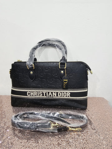 Classic Designer Style Boston Bag with Oblique Pattern and Logo Strap