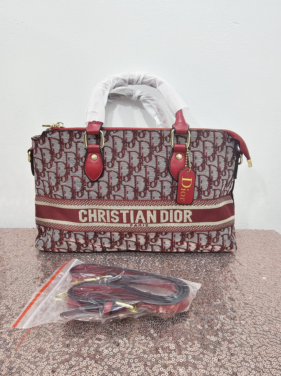 Classic Designer Style Boston Bag with Oblique Pattern and Logo Strap